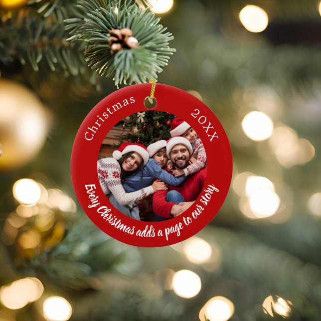 Red photo family story quote Christmas Ceramic Tree Decoration (Creator Uploaded)