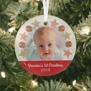 Red Photo First Christmas Baby Boy Cookie Wreath Glass Tree Decoration