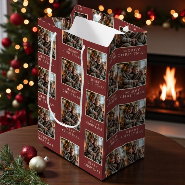 Red Photo Holiday Merry Christmas  Medium Gift Bag (Creator Uploaded)