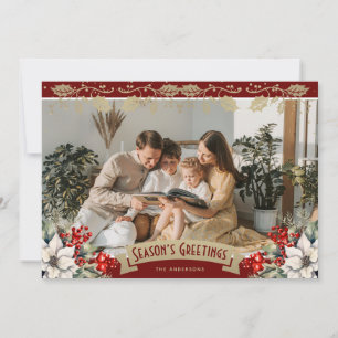 Red Photo Holly Snowflakes Season's Greetings Holiday Card