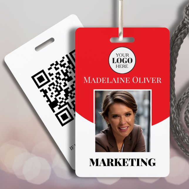 Red Photo Logo and QR Code Employee Name  ID Badge (Creator Uploaded)