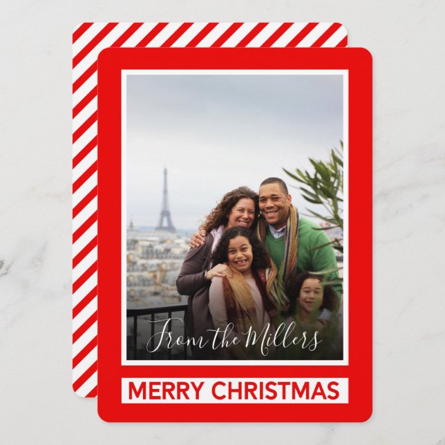 Red Photo Merry Christmas Modern Diagonal Lines Holiday Card (Front/Back)