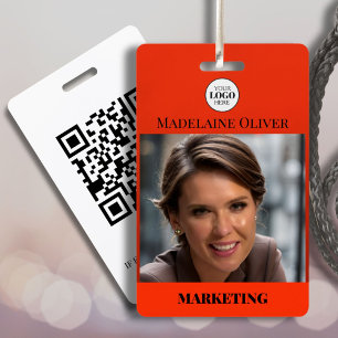 Red Photo QR Code and Logo Employee  ID Badge