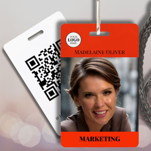 Red Photo QR Code and Logo Employee Name  ID Badge