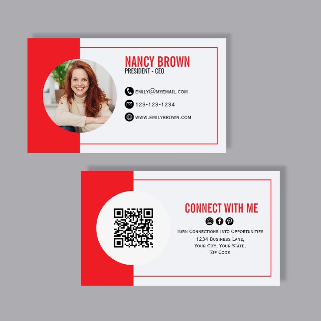 Red Photo QR Code Connect With Me Modern Business Card (Bold red photo networking card stack with QR code back, designed for modern, professional connection)