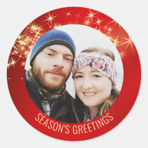 Red Photo Season's Greetings Classic Round Sticker