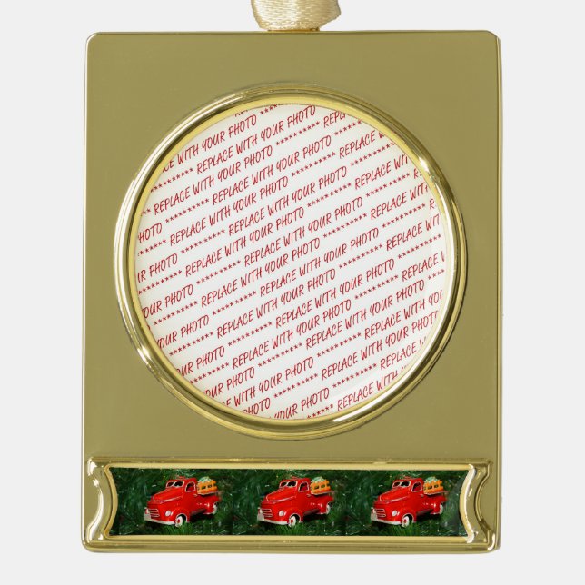 Red Pick-up Truck Christmas   Gold Plated Banner Ornament (Front)
