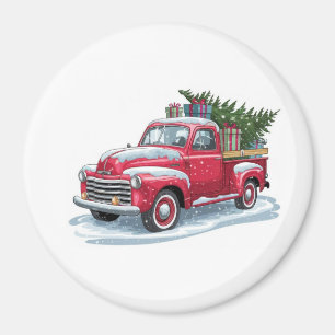 Red Pickup and Christmas Tree Magnet