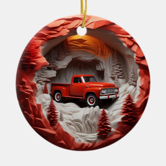 Red Pickup Ceramic Tree Decoration (Front)
