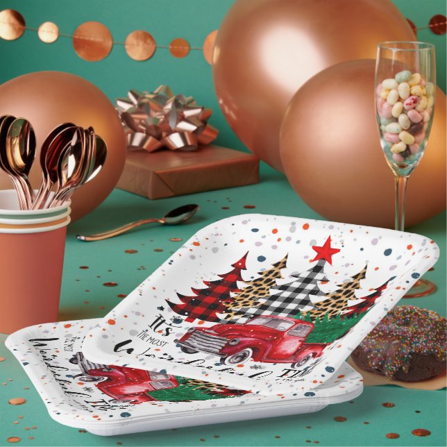 Red Pickup Christmas Plate Festive Fun (Multi)
