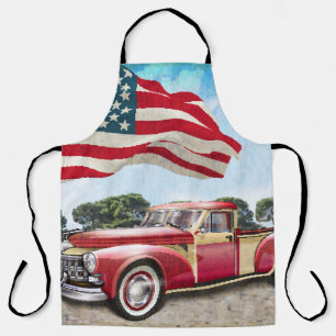 Red Pickup Truck: American Flag Vintage Apron