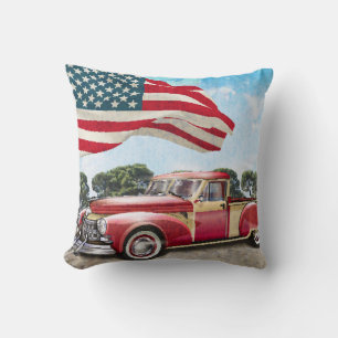 Red Pickup Truck: American Flag Vintage Cushion