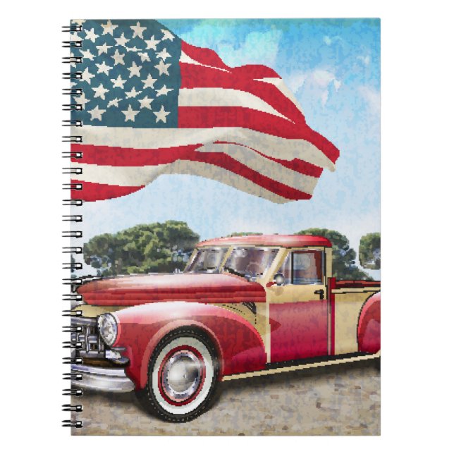 Red Pickup Truck: American Flag Vintage Notebook (Front)