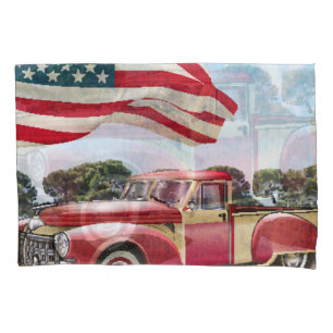Red Pickup Truck: American Flag Vintage Pillowcase