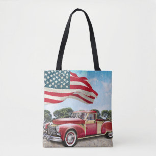Red Pickup Truck: American Flag Vintage Tote Bag