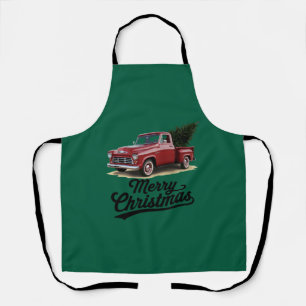 Red Pickup Truck Christmas Tree Vintage Xmas Apron