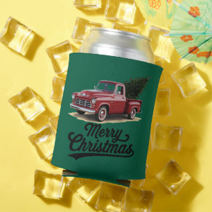 Red Pickup Truck Christmas Tree Vintage Xmas Can Cooler