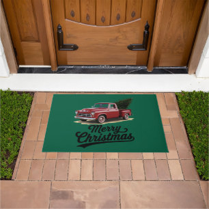 Red Pickup Truck Christmas Tree Vintage Xmas Doormat
