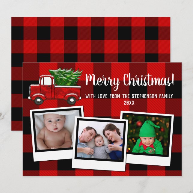 Red Pickup Truck Merry Christmas Family 3 Photo Invitation (Front/Back)