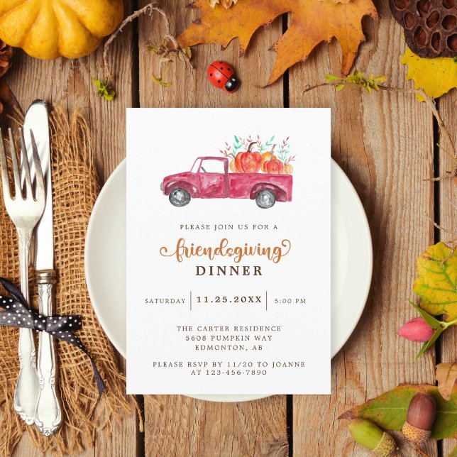 Red Pickup Truck Pumpkin Friendsgiving Elegant Invitation (Creator Uploaded)