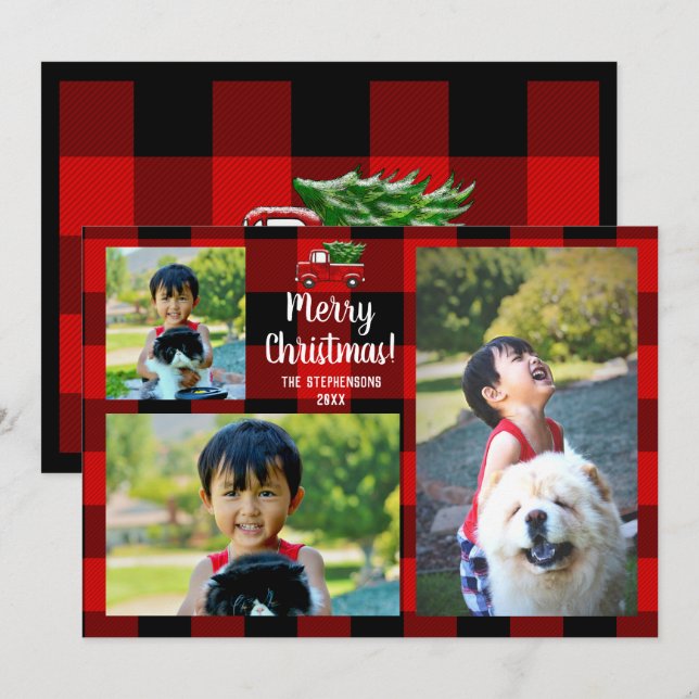 Red Pickup Truck Rustic Country Christmas 3 Photo Invitation (Front/Back)