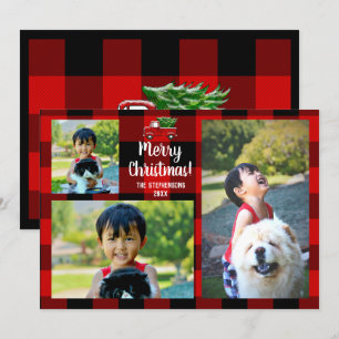Red Pickup Truck Rustic Country Christmas 3 Photo Invitation