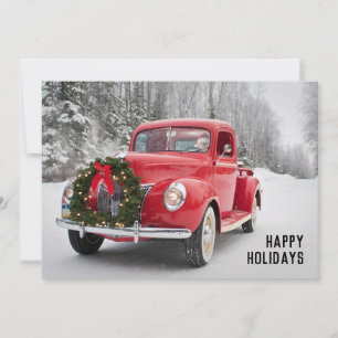 Red Pickup Truck with Christmas Wreath Holiday Card