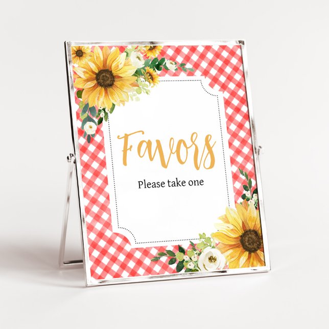Red Picnic Sunflower Baby Shower Favours Poster (Floral Picnic Baby Shower Favors Sign)