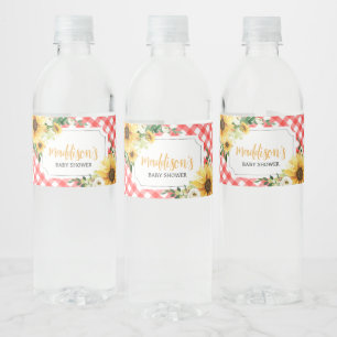 Red Picnic Sunflower Baby Shower Water Bottle Label