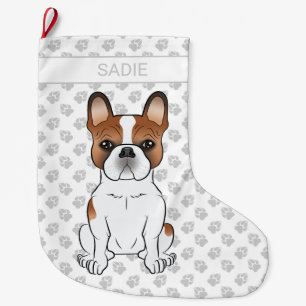 Red Piebald French Bulldog Cute Cartoon Dog & Name Large Christmas Stocking