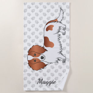 Red Piebald Long Hair Dachshund Cartoon Dog & Name Beach Towel