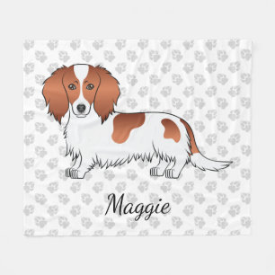 Red Piebald Long Hair Dachshund Cartoon Dog & Name Fleece Blanket