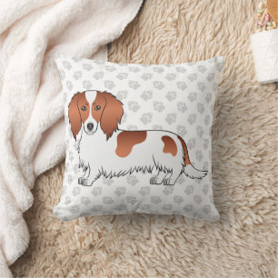 Red Piebald Long Hair Dachshund Cartoon Dog & Paws Cushion