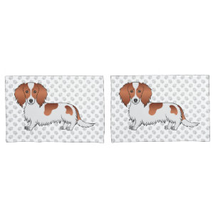 Red Piebald Long Hair Dachshund Cartoon Dog & Paws Pillowcase