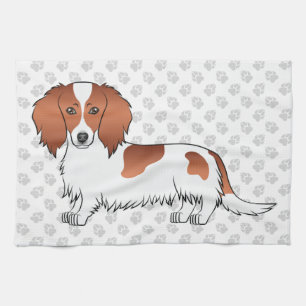 Red Piebald Long Hair Dachshund Cartoon Dog & Paws Tea Towel