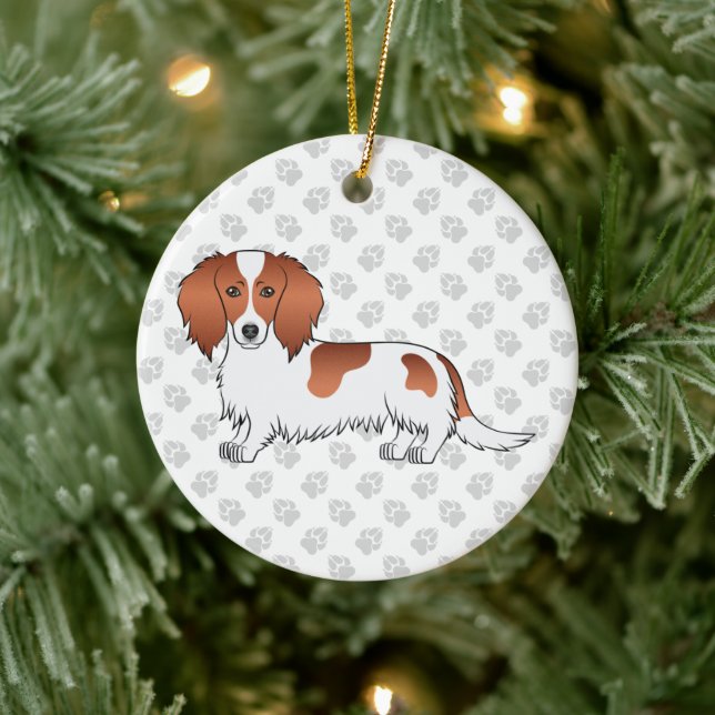 Red Piebald Long Hair Dachshund Cartoon Dog & Text Ceramic Tree Decoration (Tree)