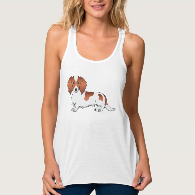 Red Piebald Long Hair Dachshund Cute Cartoon Dog Singlet (Front)