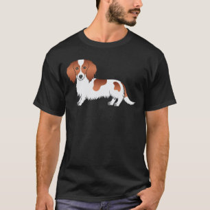 Red Piebald Long Hair Dachshund Cute Cartoon Dog T-Shirt