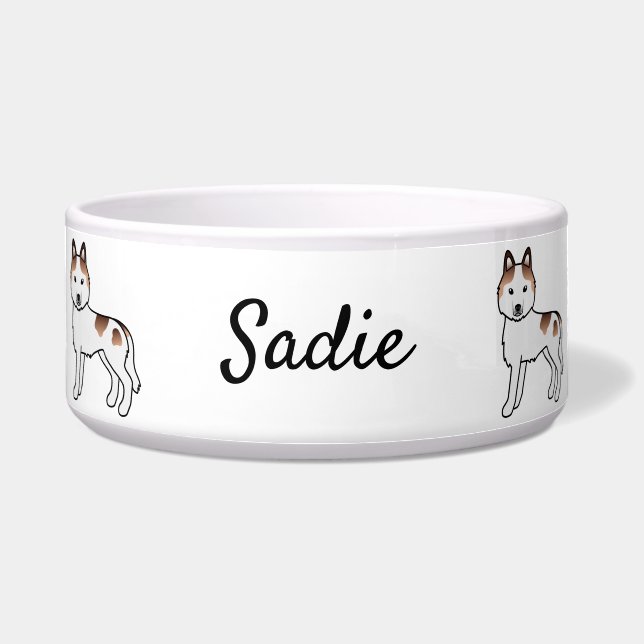 Red Piebald Siberian Husky Dog & Custom Name Bowl (Front)