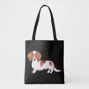 Red Pied Long Hair Dachshund Cartoon Dog On Black Tote Bag