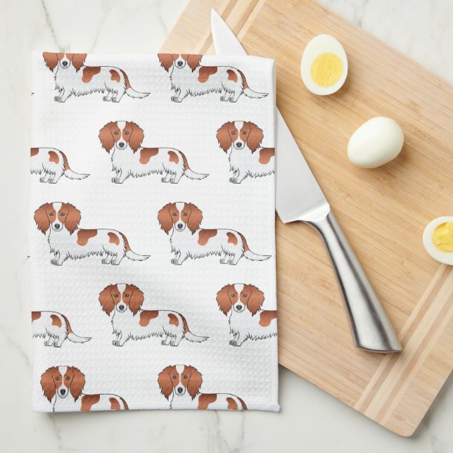 Red Pied Long Hair Dachshund Cartoon Dog Pattern Tea Towel (Quarter Fold)