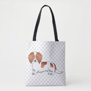 Red Pied Long Hair Dachshund Cartoon Dog & Paws Tote Bag