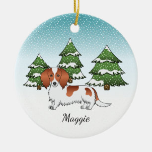 Red Pied Long Hair Dachshund Dog - Winter Forest Ceramic Tree Decoration