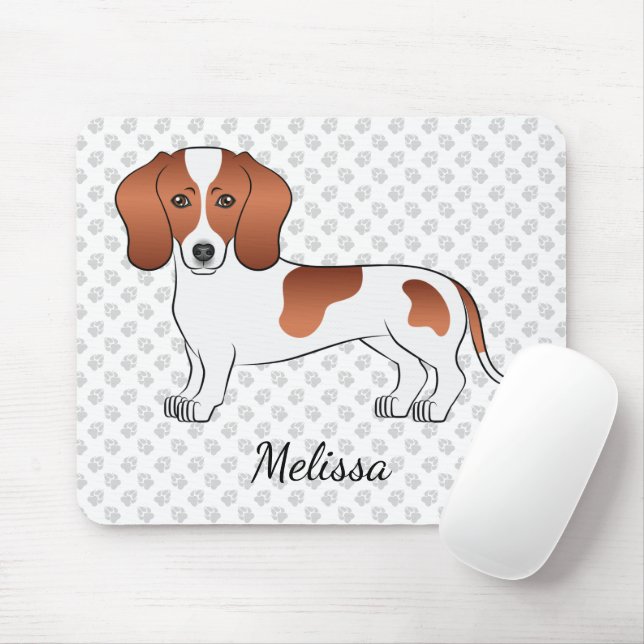 Red Pied Smooth Coat Dachshund Cartoon Dog & Name Mouse Pad (With Mouse)