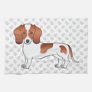 Red Pied Smooth Coat Dachshund Cartoon Dog & Paws Tea Towel