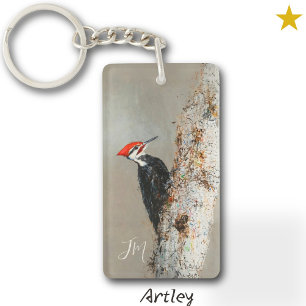 Red Pileated Woodpecker Bird Painting Initials  Key Ring