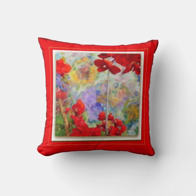 Red Pillow with Red Geraniums by Sharles (Front)