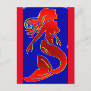 red pin-up mermaid postcard