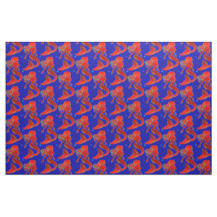 red pin-up mermaids on blue fabric