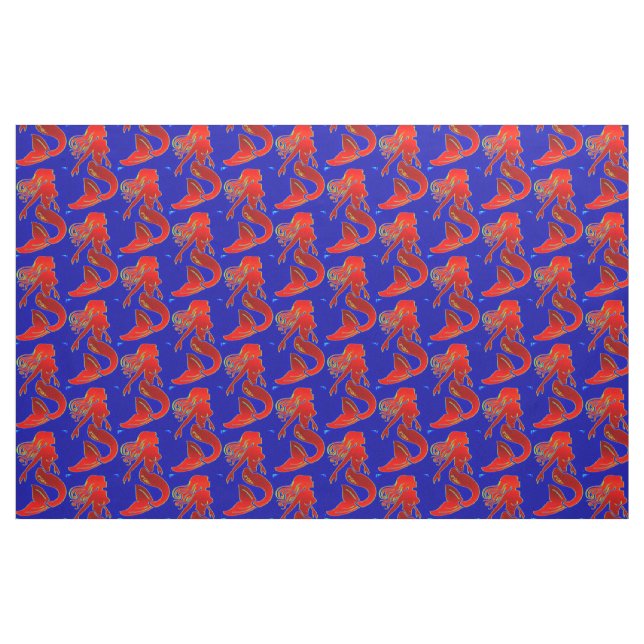 red pin-up mermaids on blue fabric (Fat Quarter)
